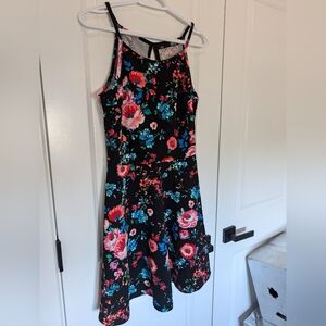 Black Floral Dress - Large - Halter and Keyhole Back